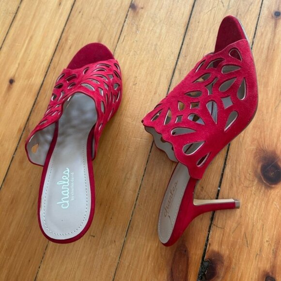 ☀️3/$25 Charles David Nicki Scarlet Red Faux Suede Heels Slide Sandals  9.5 - Picture 1 of 3